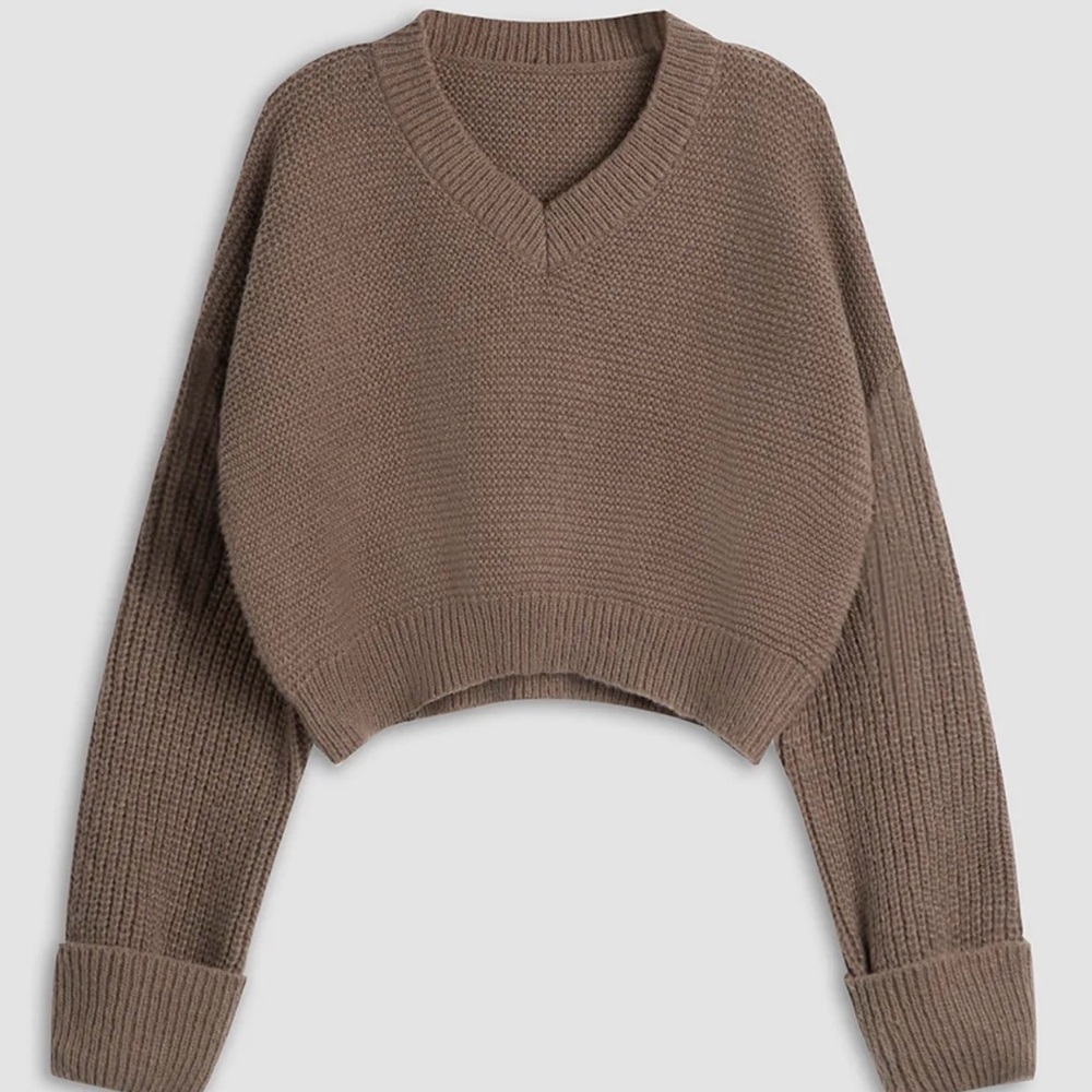 Brown V-Neck Cropped Sweater with Ribbed Texture
